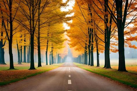 Premium AI Image | A road with a yellow tree on the left side