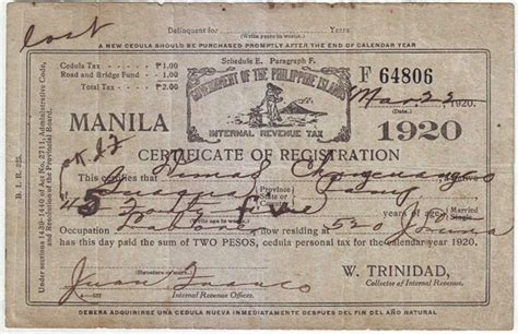 Philippines 1920 Cedula, Residence Certificate Pasay, Manila | Manila, Cool photos, Pasay