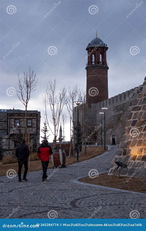 Tourist People Visiting Historical Places. Erzurum Castle, Clock Tower ...