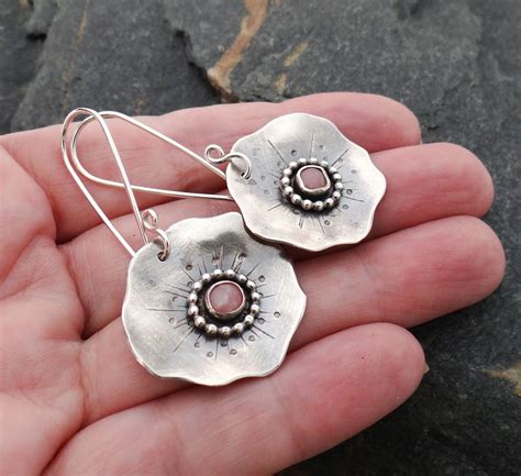 Pink Poppy Earrings // sterling silver poppy flowers with pink opal cabochons // organic shape ...