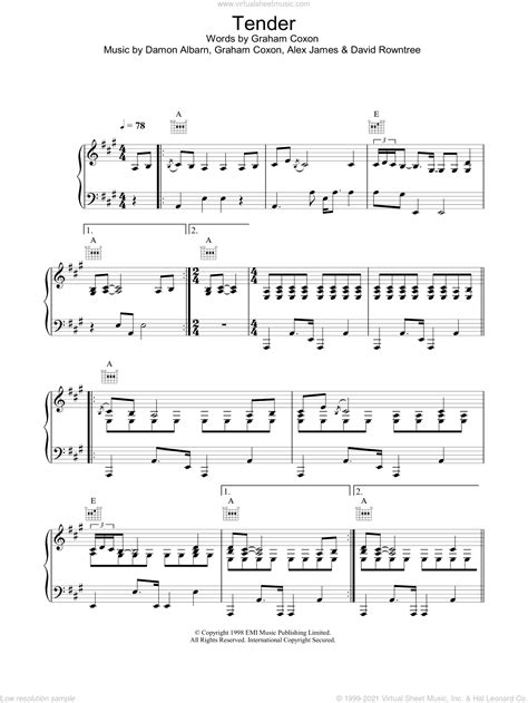 Blur - Tender sheet music for voice, piano or guitar [PDF]