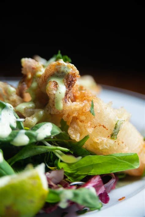 Close Up of Fried Baby Squid Dish with Salad Stock Photo - Image of ...