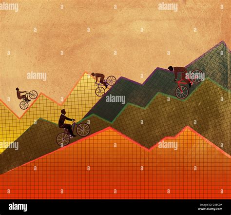 Illustrative concept of business people riding bicycle on graphs ...