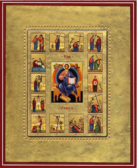 Via Crucis Stations of the Cross Porcelain Icon on golden board cm 18x22x2,5 (7,1x8,7x1 inch ...