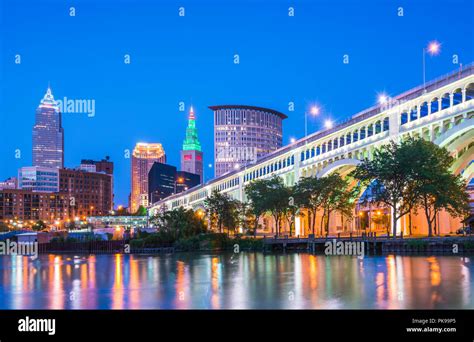 cleveland skyline with reflection at night,cleveland,ohio,usa Stock ...