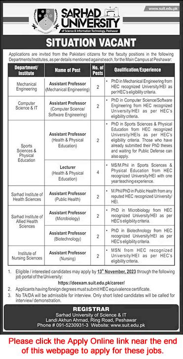 Sarhad University Peshawar Jobs 2023 November Apply Online Teaching ...