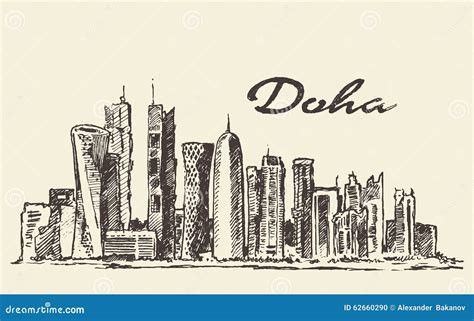 Doha Skyline Dhow Qatar Vector Hand Drawn Sketch | CartoonDealer.com #71436904