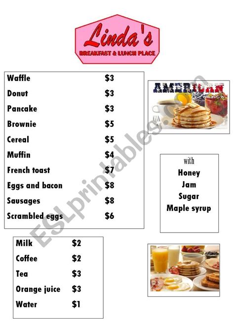 American breakfast menu - ESL worksheet by laurebelpomme