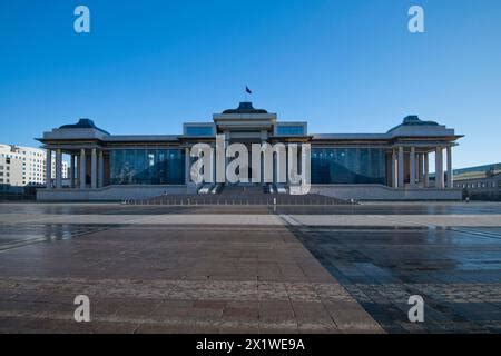 Mongolian government palace, state palace, parliament building with statue of Genghis Khan in ...