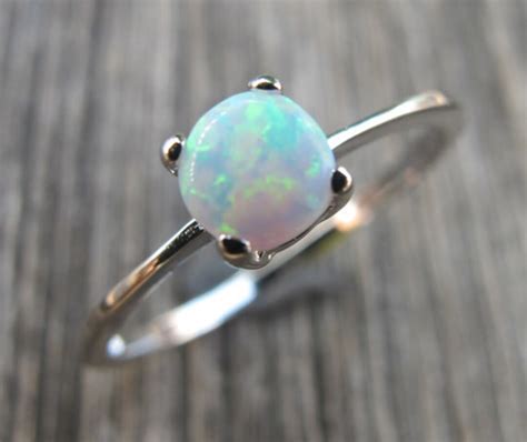 White Opal Ring Round Opal Silver Stackable Ring October Birthstone ...