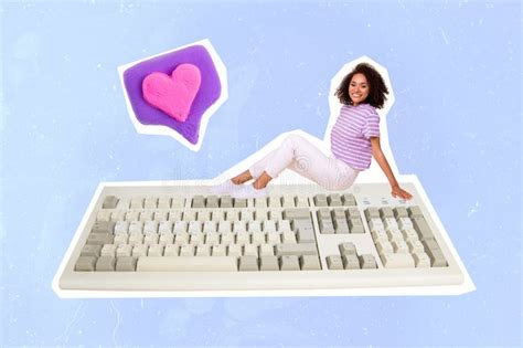 Creative Abstract Collage Template Graphics Image of Happy Smiling Lady Sitting Big Keyboard ...