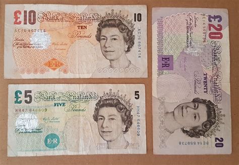 Set of 3 Old British Bank Notes, £20, £10 and £5, Bank of England ...