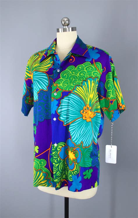 Vintage 1960s Blue Aloha Shirt / Hawaiian Palms