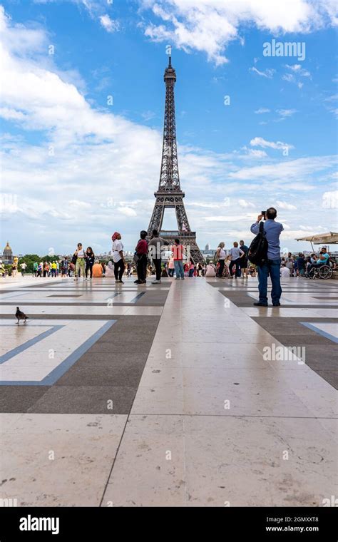 19 June 2019 - PARIS, FRANCE: Visitors taking photo and enjoy beautiful scenery at Eiffel Tower ...