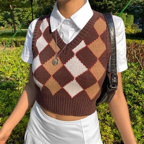 Argyle Knit Casual Sweater Vest 90s Y2K Brown Streetwear | Etsy ...