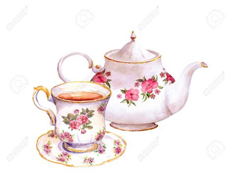 Tea Cup And Teapot With Flowers Design. Watercolor Stock Photo, Picture ...