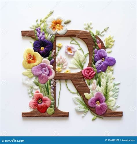 The Letter R is Decorated with Flowers and Leaves, Embroidery Effect, Floral Design. Stock Photo ...