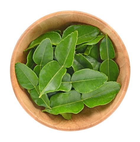 Premium Photo | Top view of Kaffir lime leaf isolated in wooden bowl on white background