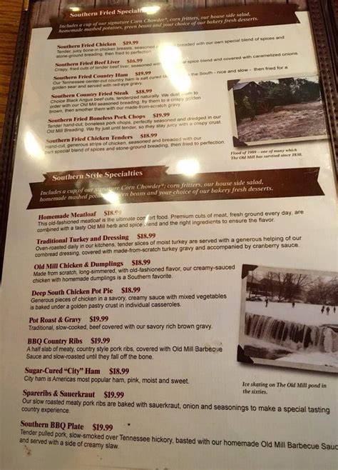 Menu at The Old Mill Restaurant, Pigeon Forge, 164 Old Mill Ave