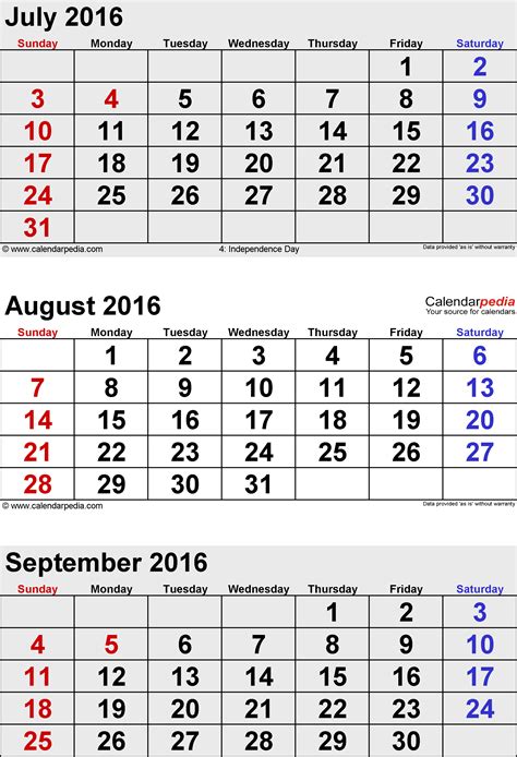 September 2016 - calendar templates for Word, Excel and PDF