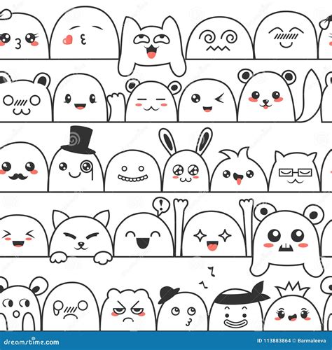 Seamless Pattern with Cute Lovely Kawaii Monsters and Animals. Doodle ...