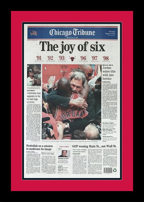 Chicago Bulls / Michael Jordan 1998 NBA Title Chicago Tribune the Joy of Six Double Matted ...