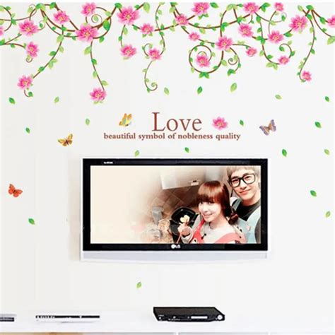 Removable New Style Pink Rose flower vine wall sticker home decoration ...