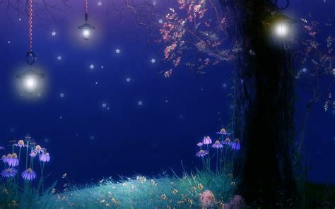 Fantasy landscapes art soft night flowers trees dream sky stars cute lamp light | Пейзажи, Обои ...