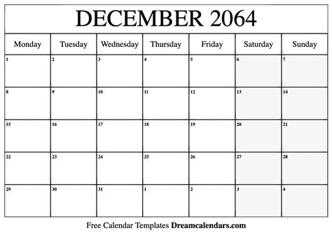 December 2064 Calendar - Free Printable with Holidays and Observances