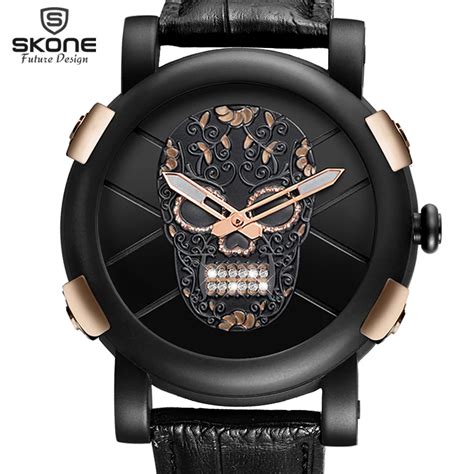 SKONE Unique Pirate Skeleton Skull Quartz Men Watches Luxury Leather Men Sports Watch Waterproof ...