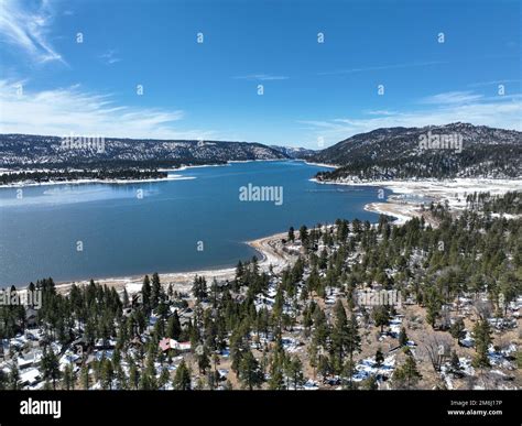 Aerial view of Big Bear Lake during winter season, San Bernardino ...