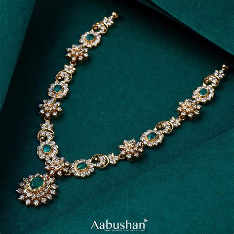 Diamond Necklace With Green Stones - South India Jewels