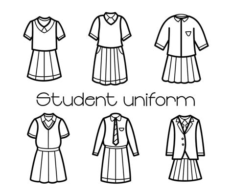 Set of sketched outline student uniforms, simple hand drawn line art, high school uniform ...