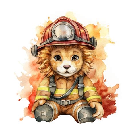 Premium Photo | Watercolor lion firefighter drawing