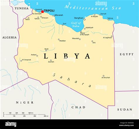 Libya Political Map with capital Tripoli, with national borders and ...