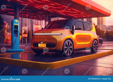 Small Electric Car MiniEV Charging at a Station in the City or Countryside Stock Illustration ...