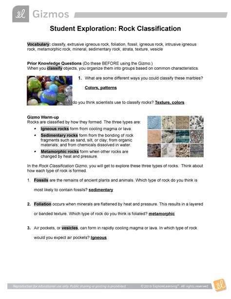 Rock Classification SE - Gizmo Lab - Student Exploration: Rock ...