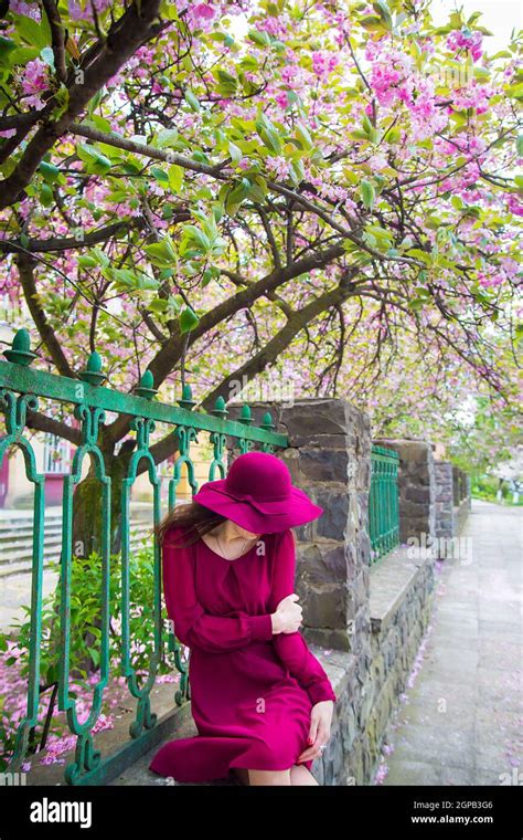 pretty girl sitting in a red dress and hat Stock Photo - Alamy