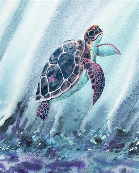 Watercolor Turtle In Deep Teal Blue Sea Painting by Irina Sztukowski ...