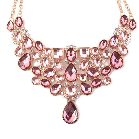 Women Big Fashion Necklace With Pink Glass Stone Exaggerated Exotic Large Jewelry Garment ...