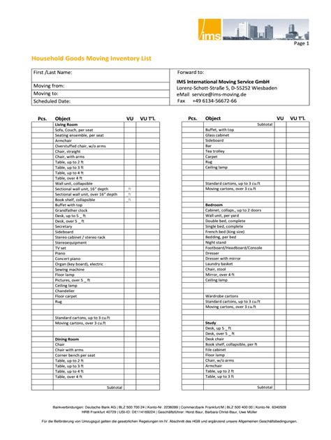 Moving Inventory List Template