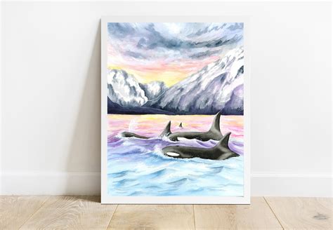 Orca Whales at Sunset Watercolor Painting Whale Wall Artwork - Etsy