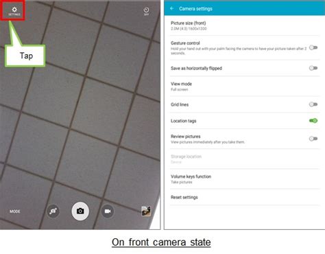 Which settings options are supported by the front camera on the Samsung Galaxy Tab A? | Samsung ...