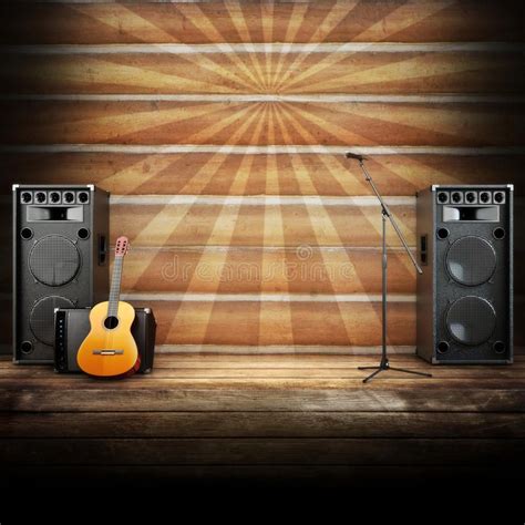 Country music stage or singing background. Microphone, guitar and speakers with , #sponsored, # ...