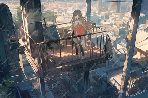 Premium Photo | Anime scene of a woman standing on a balcony ...