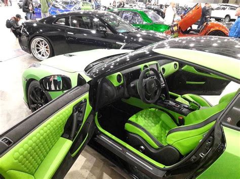 Nissan GT-R custom interior lime green and black hexagon stitch pattern