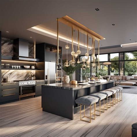 a large open concept kitchen and living room with wood flooring, black cabinets and modern ...