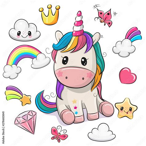 Cartoon Unicorn and set of cute design elements Stock Vector | Adobe Stock