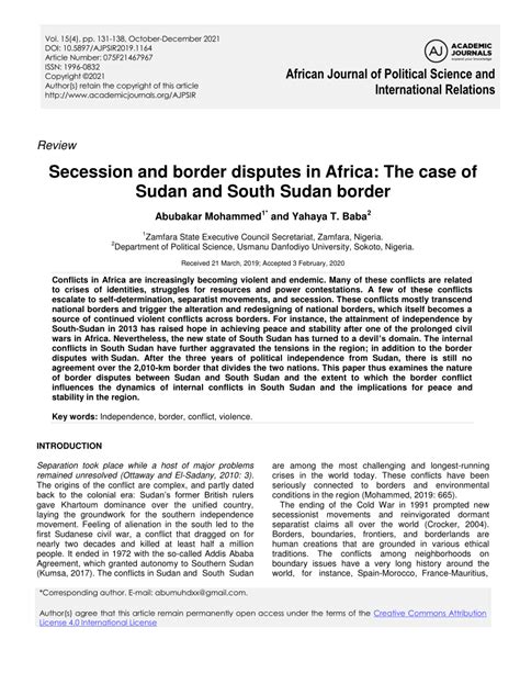 (PDF) Secession and border disputes in Africa: The case of Sudan and South Sudan border