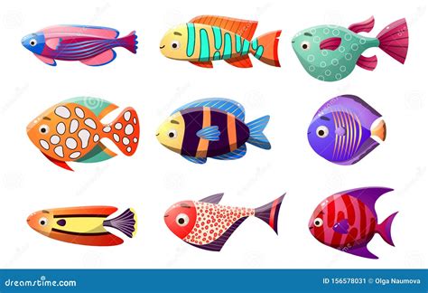 Coral Reef Fish Set. Raster Illustration in the Flat Cartoon Style of ...